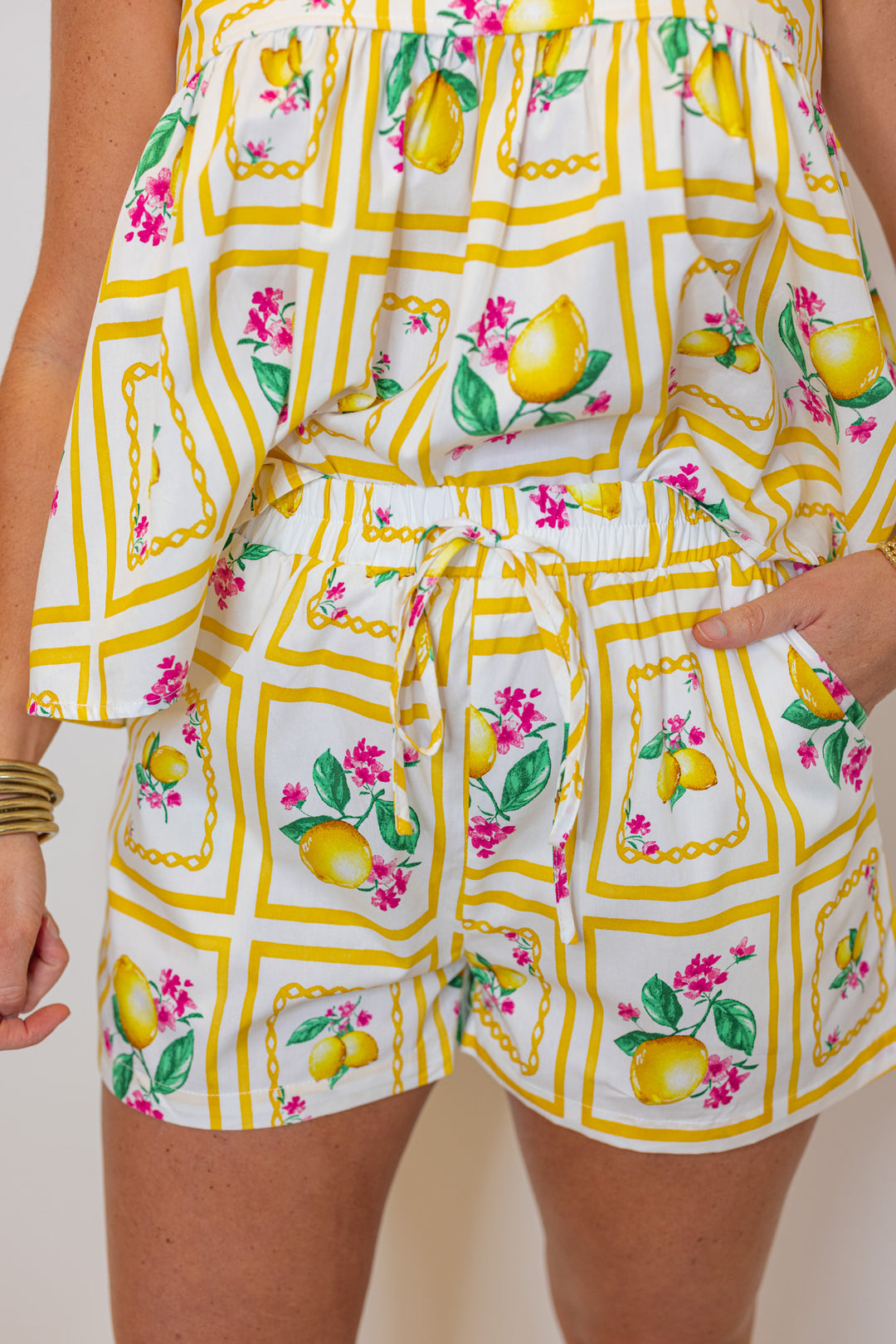 yellow square lemon tank shorts set