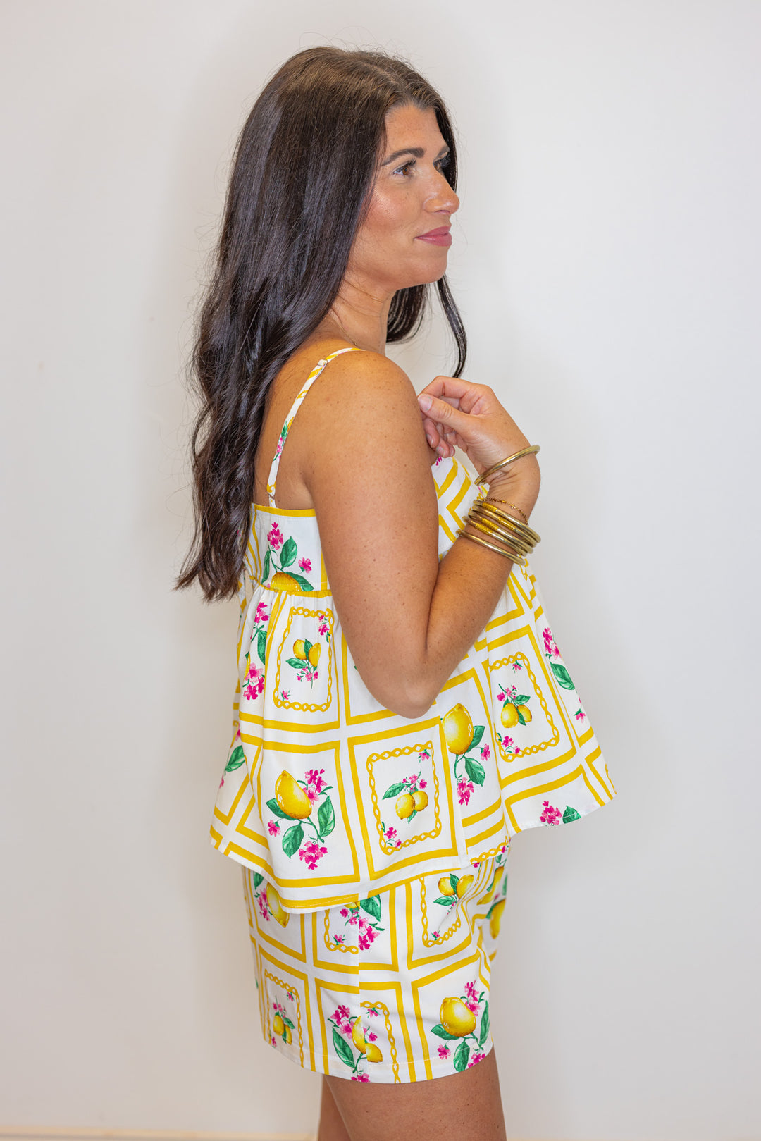 yellow square lemon tank shorts set