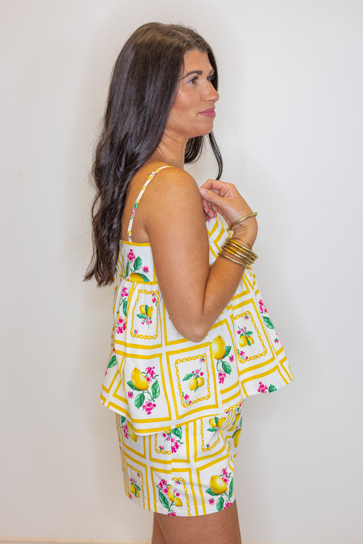 yellow square lemon tank shorts set