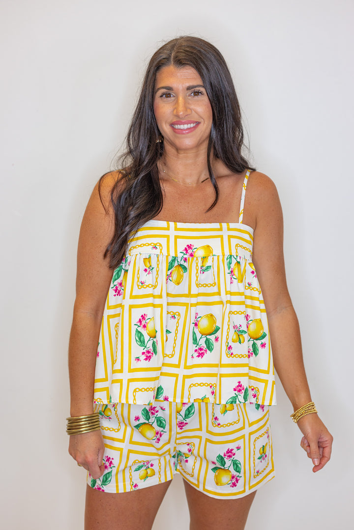yellow square lemon tank shorts set