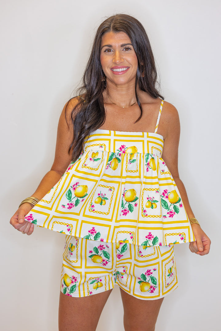 yellow square lemon tank shorts set