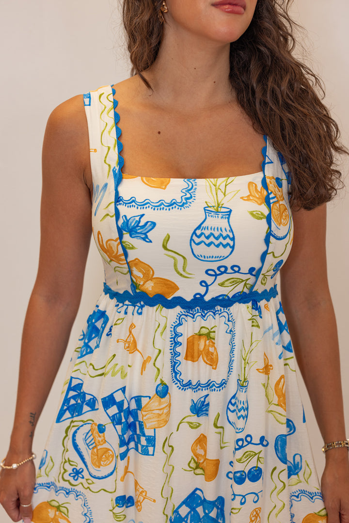blue ric rac trim summer printed dress