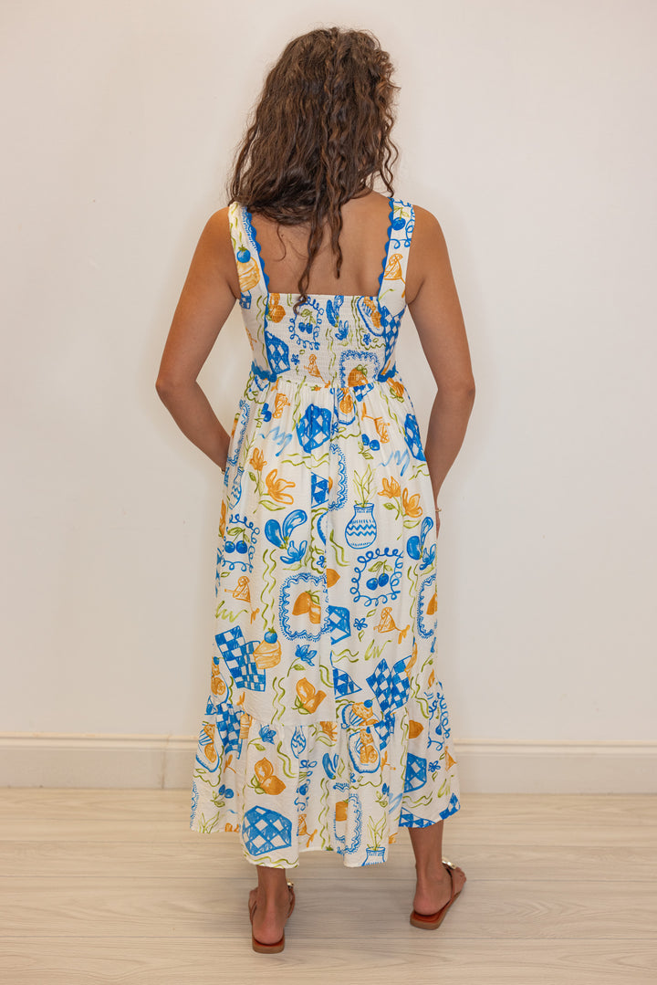 blue ric rac trim summer printed midi dress