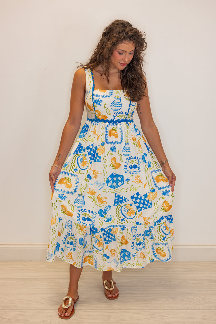 blue ric rac hem summer printed midi dress