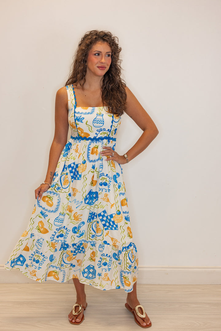 blue ric rac trim summer printed midi dress