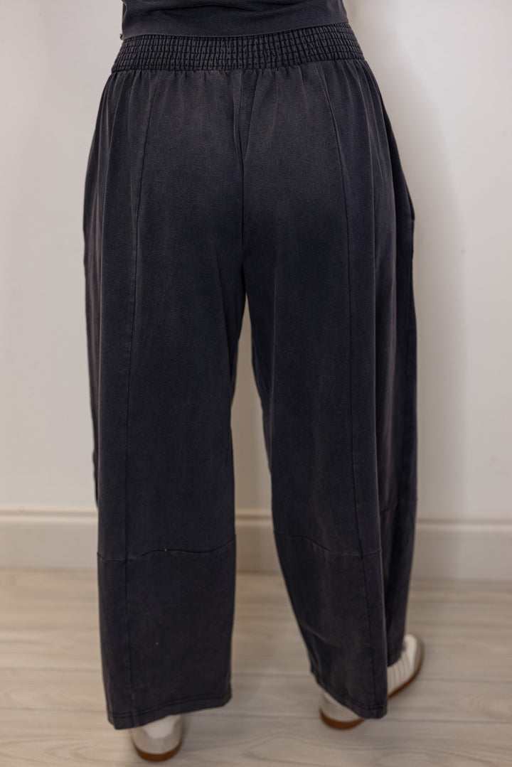 Women's ash black barrell pants and short sleeve top set by ee:some showing up close back view of pants