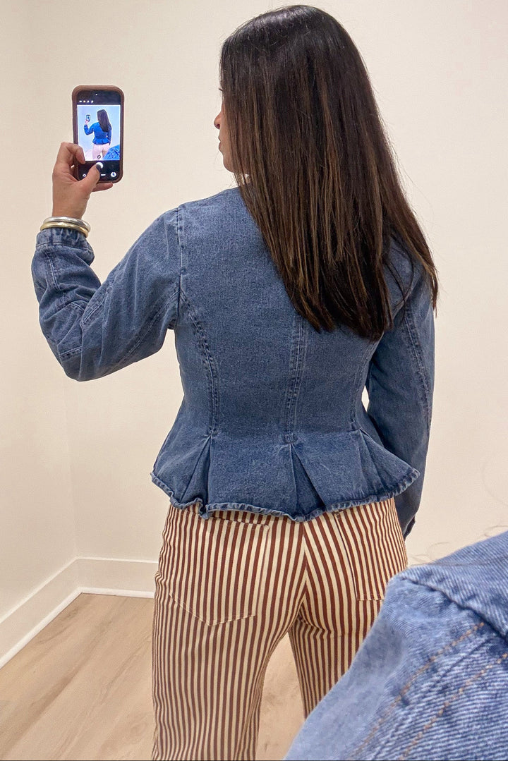 solid faded blue denim long sleeve peplum hem semi-cropped jacket top with stitching details