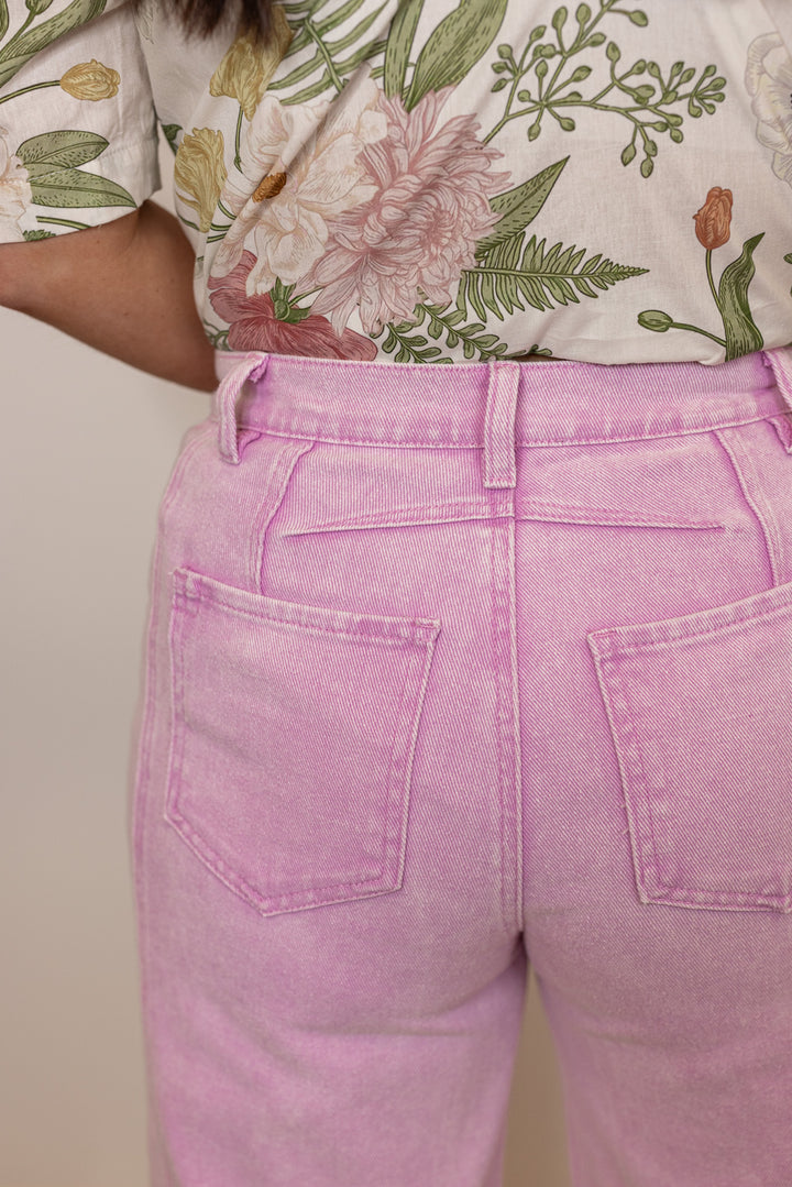 pink cotton denim barrel leg jeans