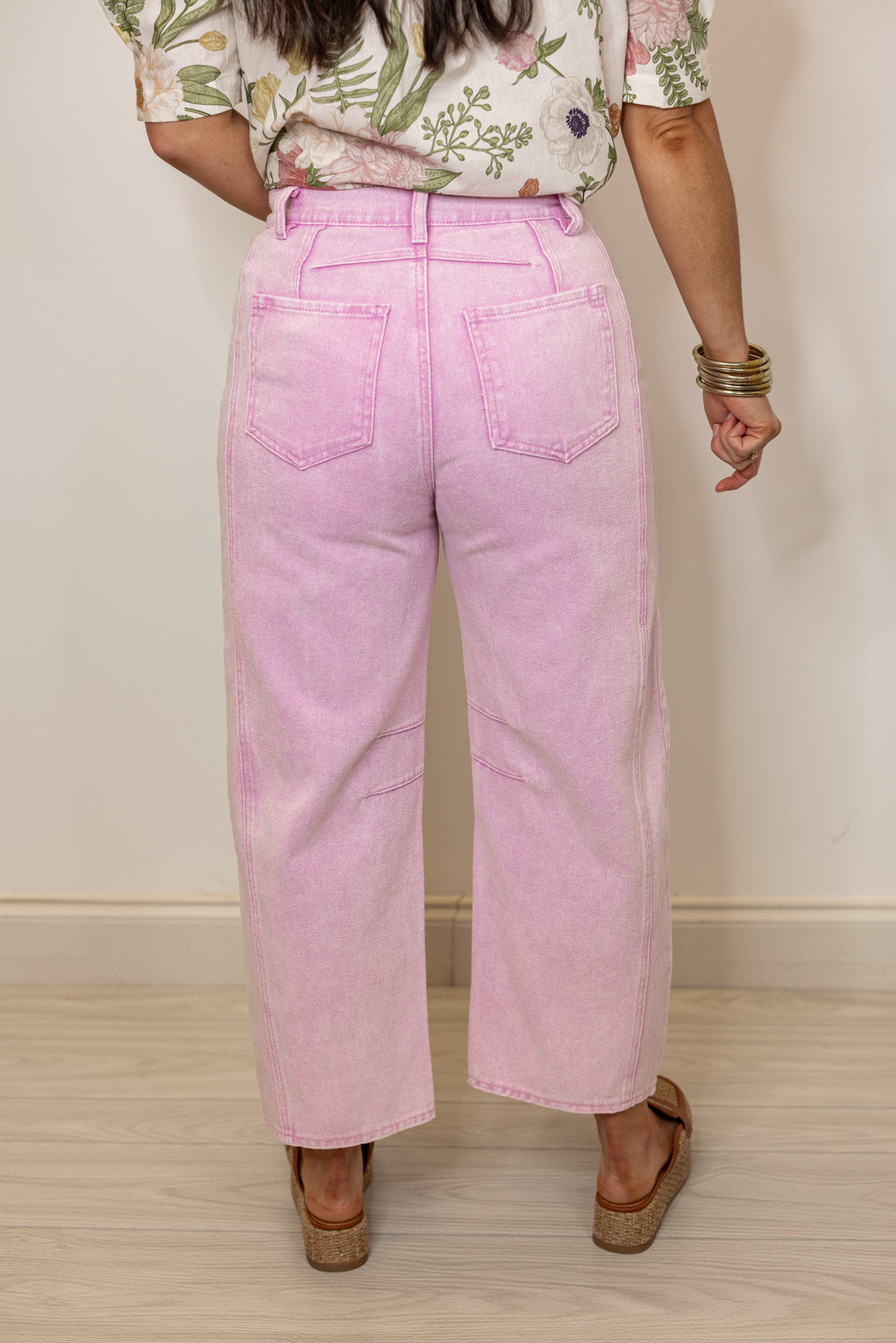 pink cotton denim barrel leg jeans
