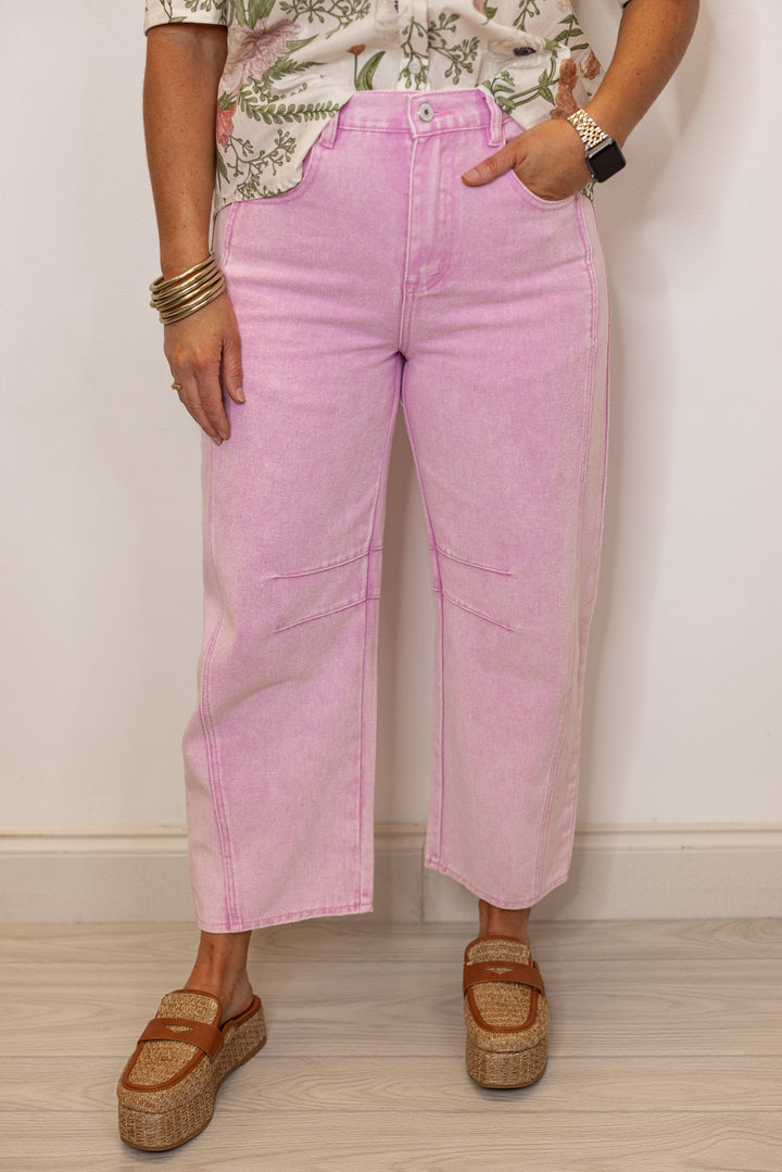 pink cotton denim barrel leg jeans