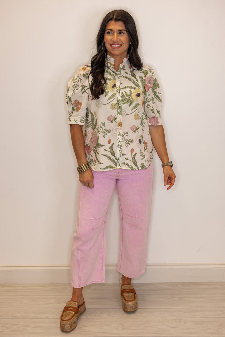 pink cotton denim barrel leg jeans