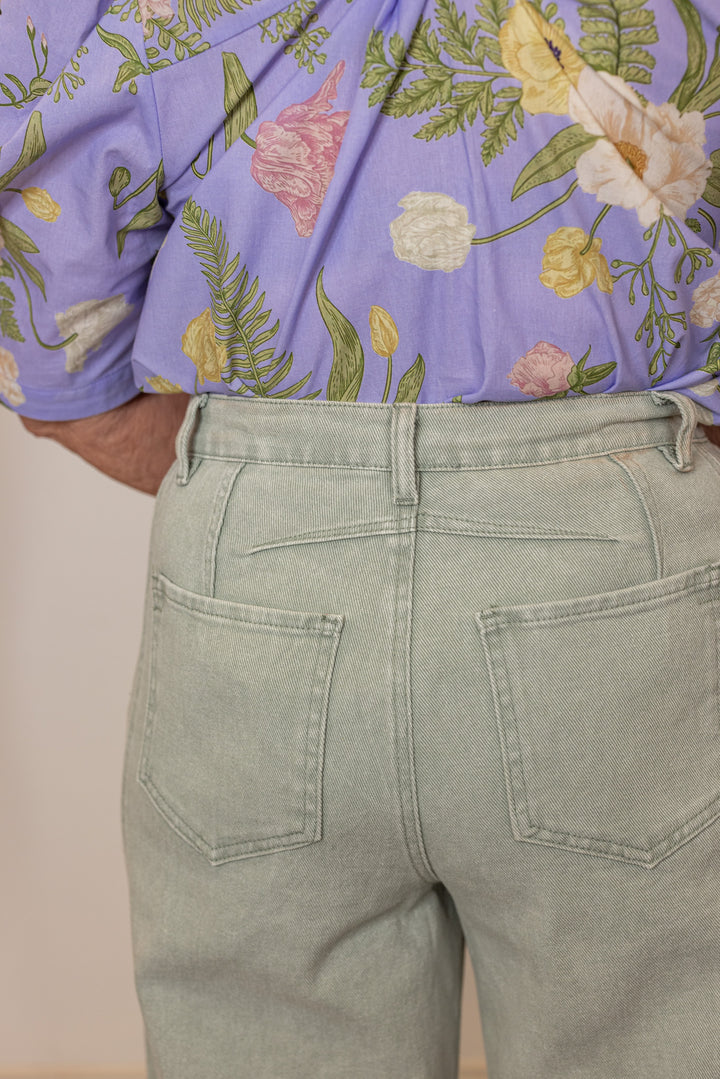 faded sage denim barrel jeans