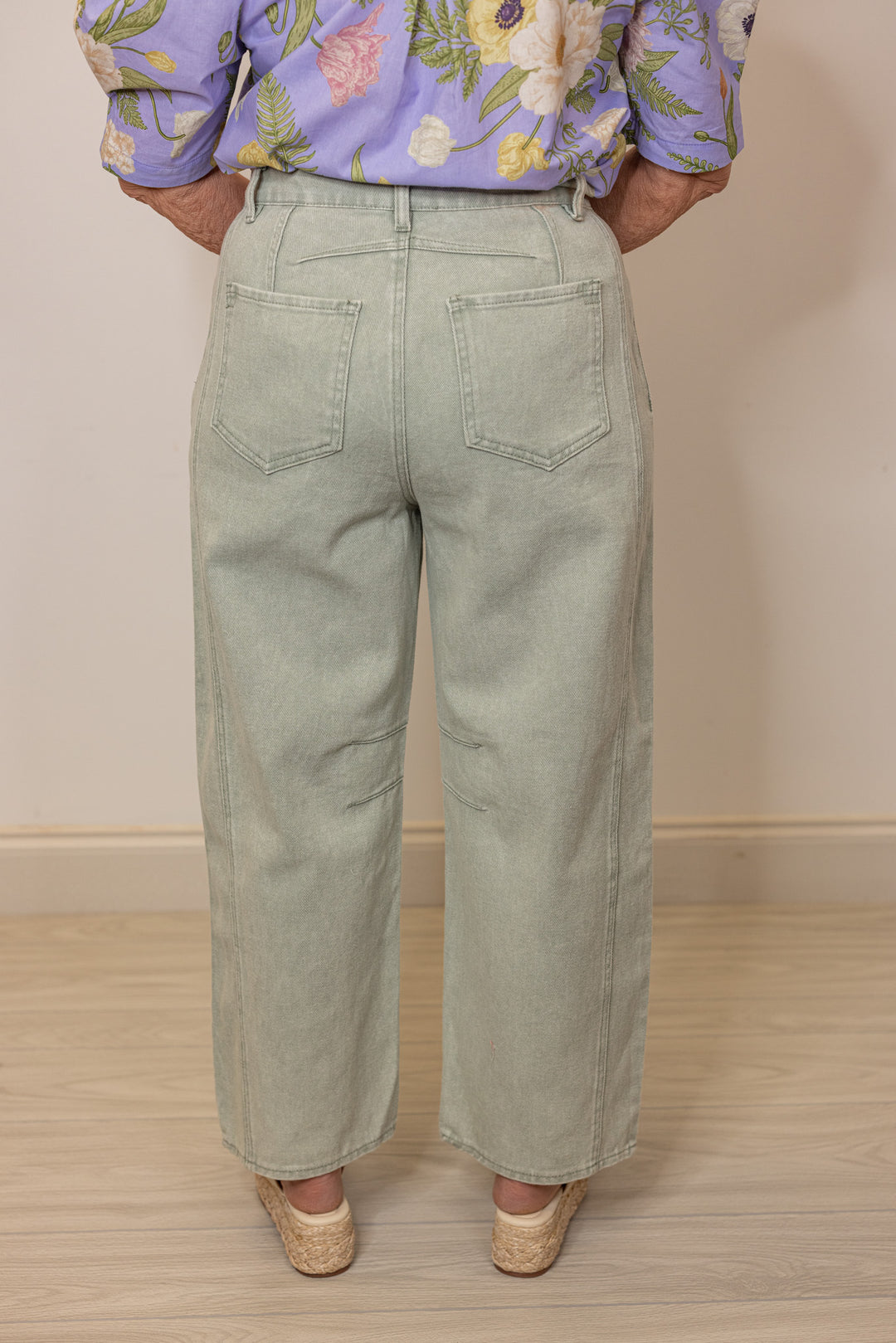 faded sage denim barrel jeans