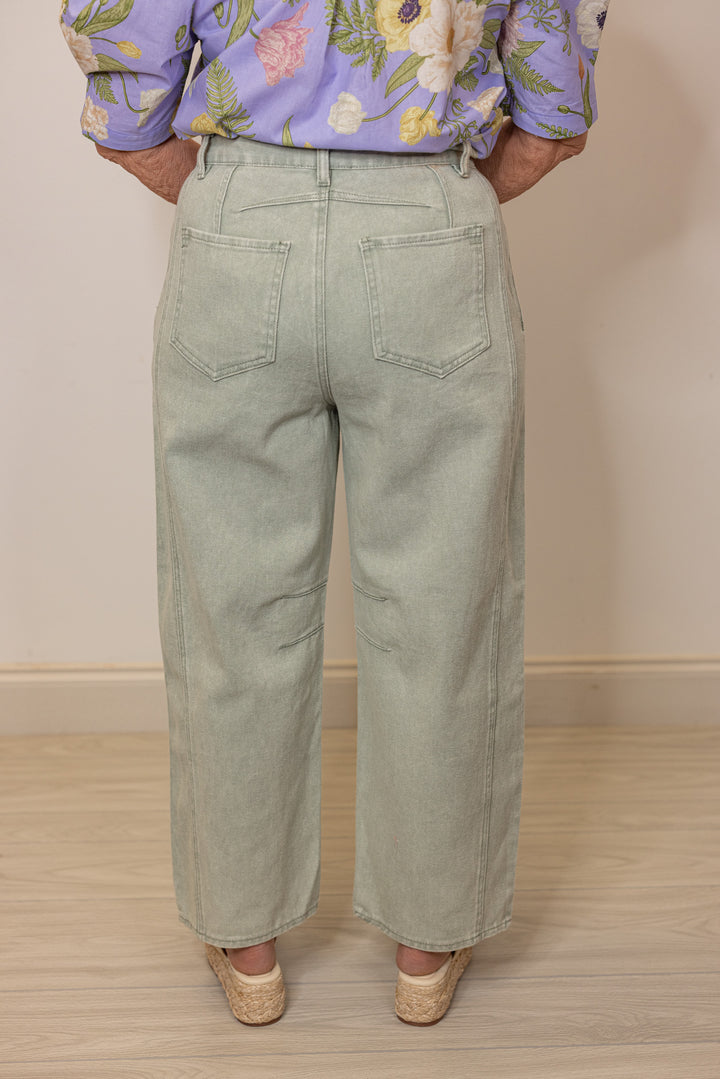 faded sage denim barrel jeans