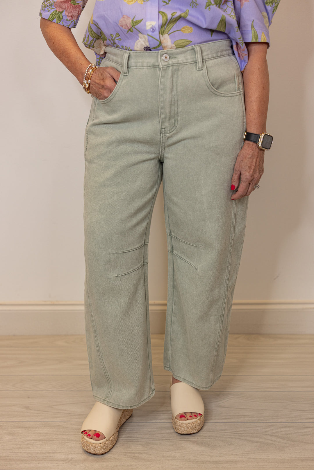 faded sage denim barrel jeans