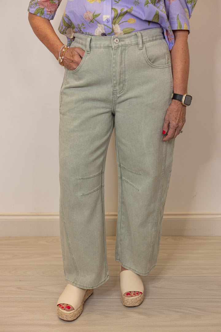 faded sage denim barrel jeans