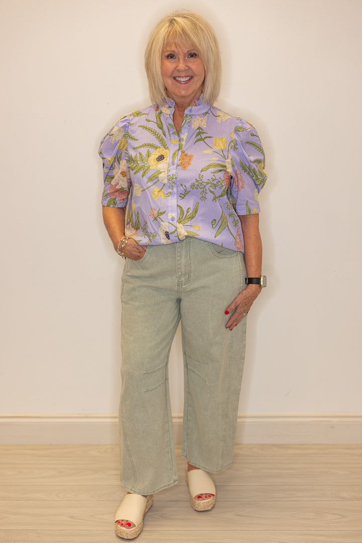 faded sage denim barrel jeans