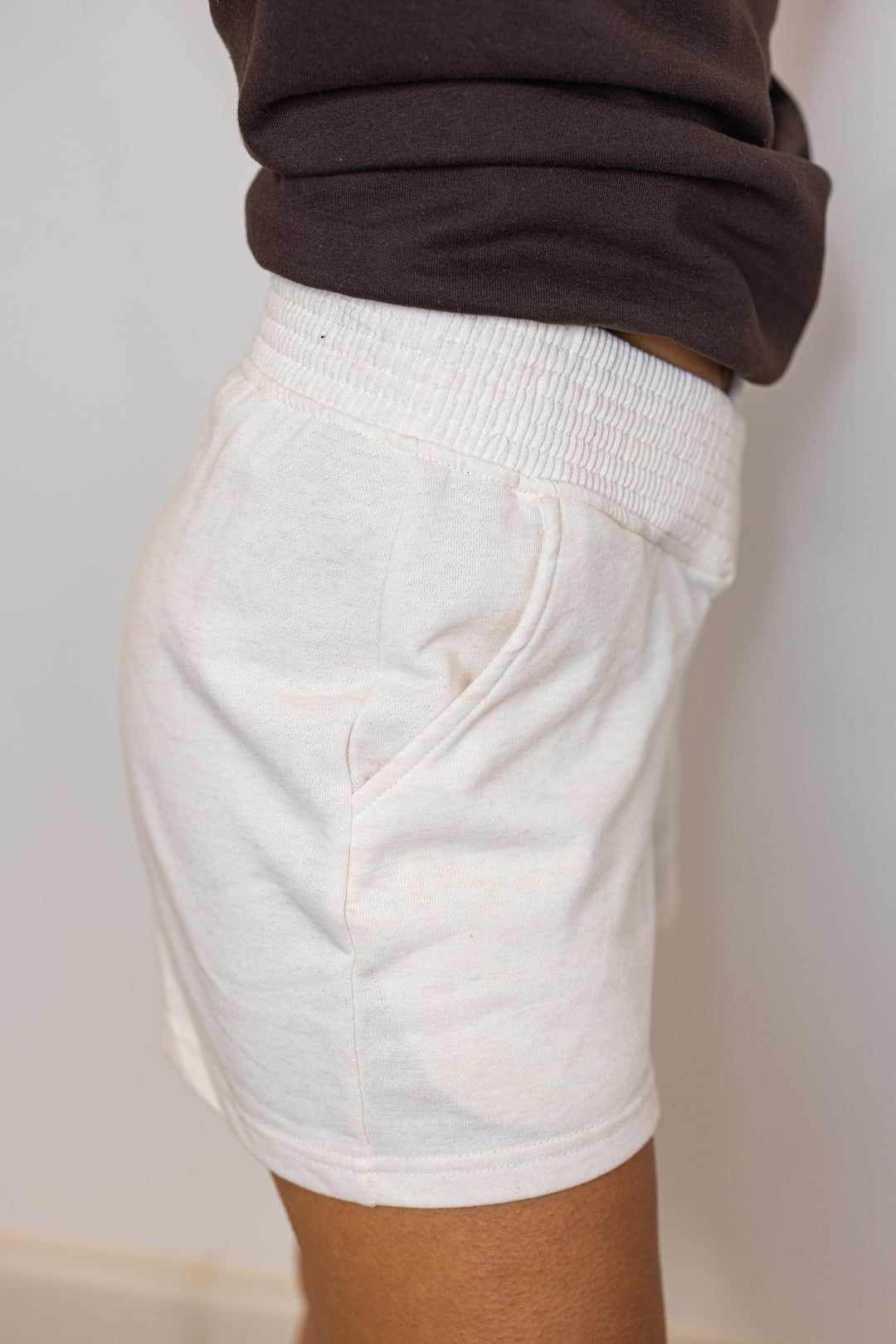 beige knit comfy lounge shorts