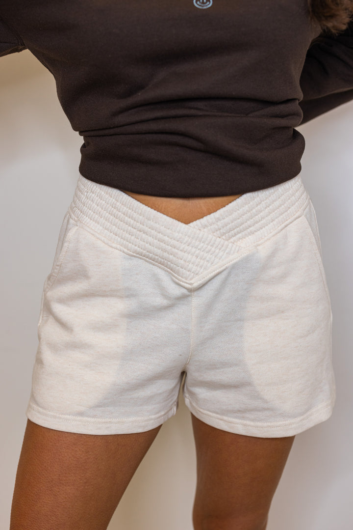 beige knit comfy lounge shorts