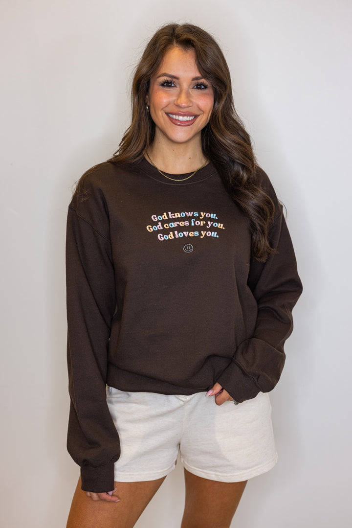 God knows you brown sweatshirt
