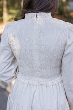 ivory smocked long sleeve tiered maxi dress