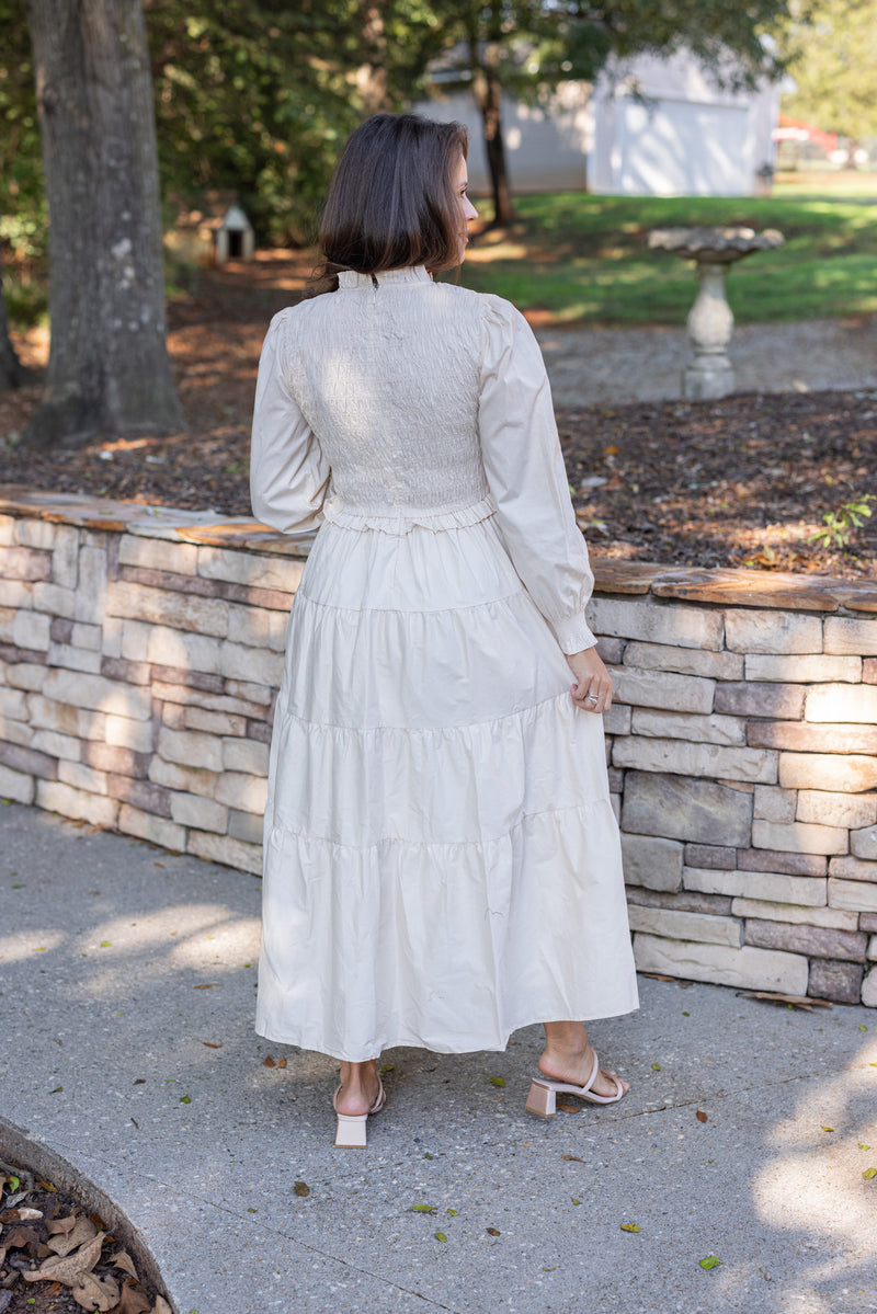 ivory smocked long sleeve tiered maxi dress