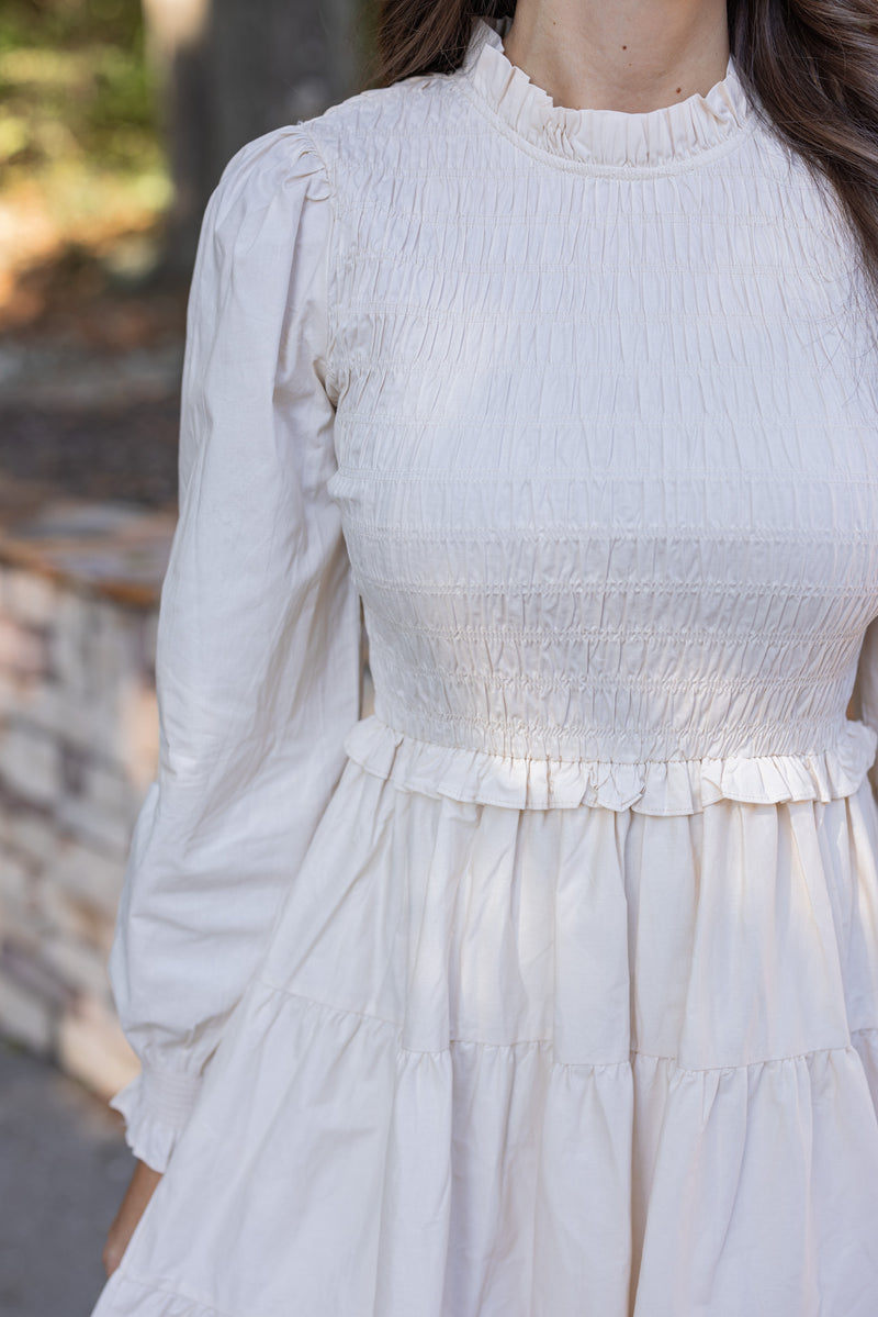 ivory smocked long sleeve tiered maxi dress