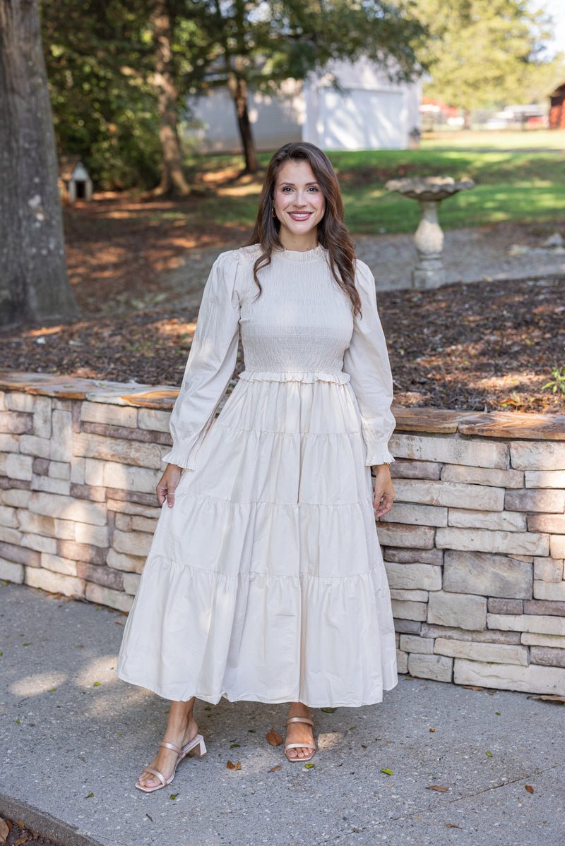 ivory smocked long sleeve tiered maxi dress