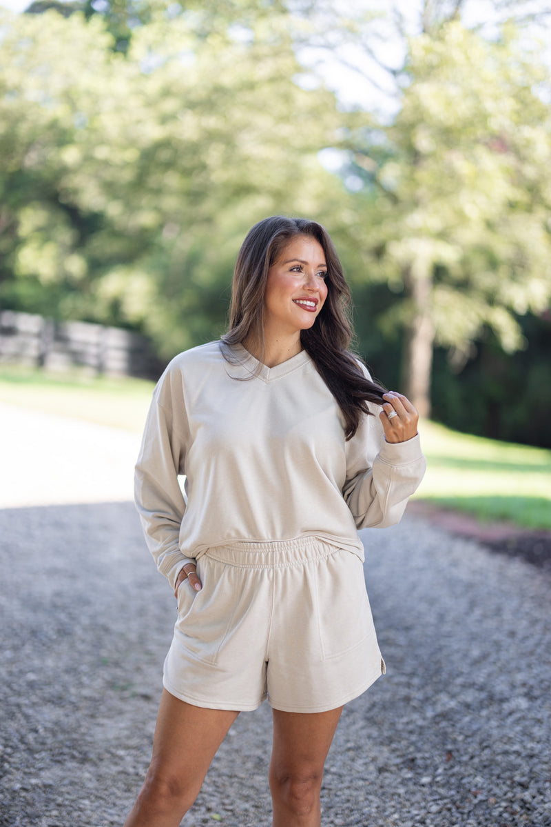 taupe cotton lounge shorts set