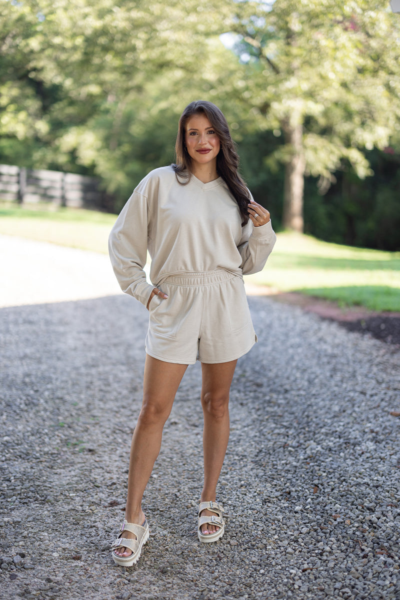 taupe cotton lounge shorts set