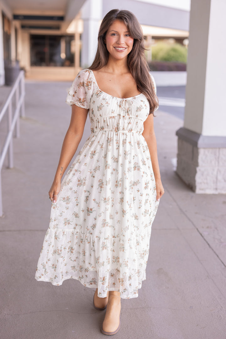 Women's cream midi dress with mustard and olive floral print sheer overlay by Blu Pepper, perfect for church