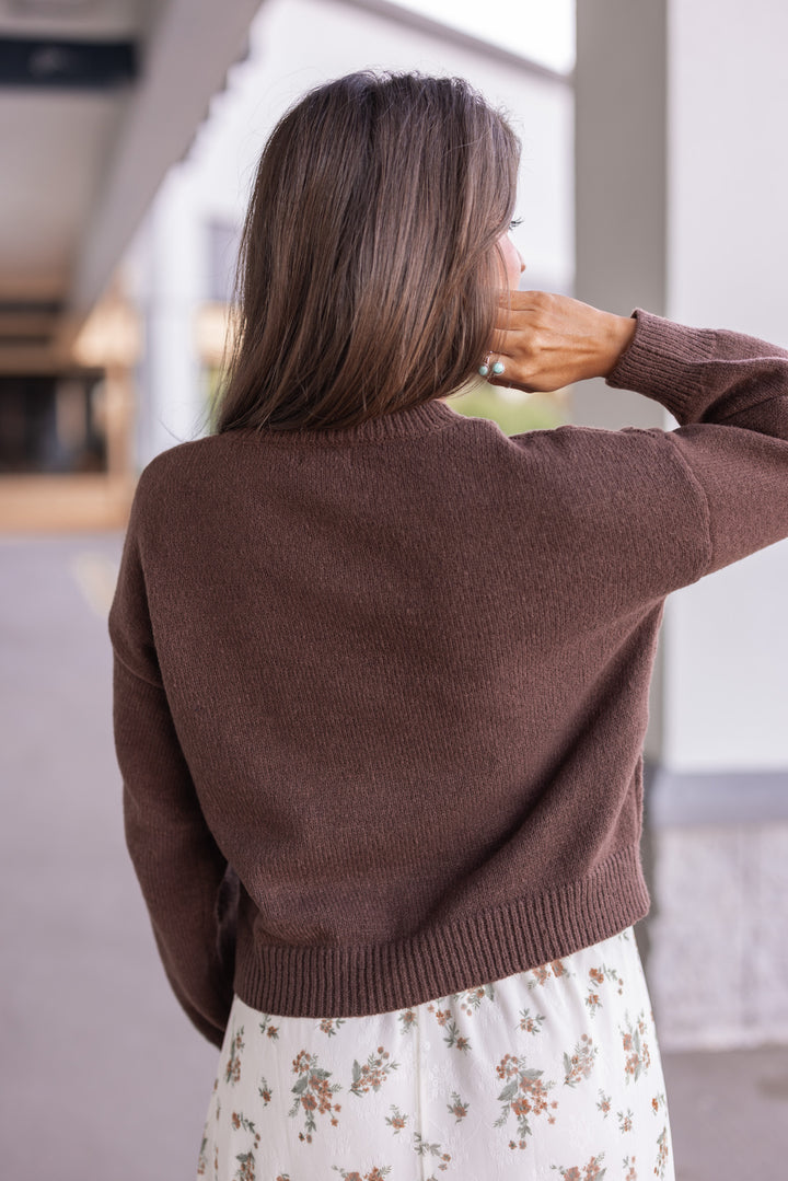 Women's brown knit monochrome checkered button front sweater cardigan by Blu Pepper showing up close back view
