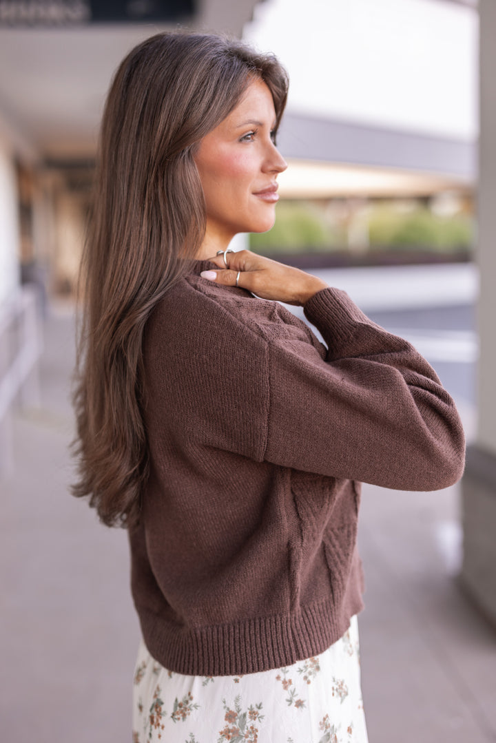 Women's brown knit monochrome checkered button front sweater cardigan by Blu Pepper showing up close side view