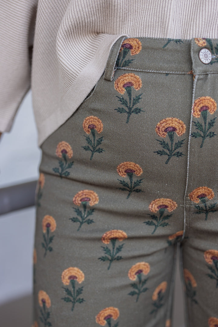 Olive Green Pants by Entro showing close look at floral pattern