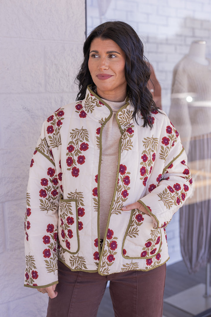 Women's ecru, dark red and olive floral print quilted puffer jacket by Entro