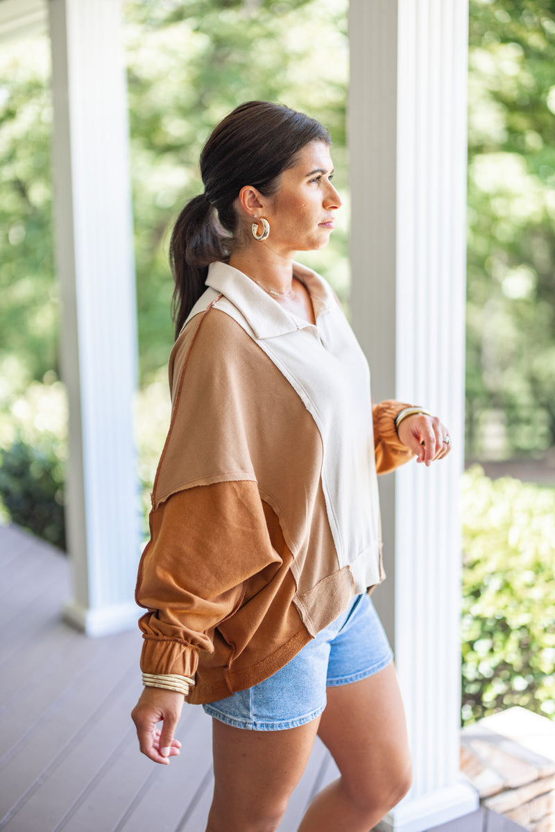 free people brown rust colorblock pullover 