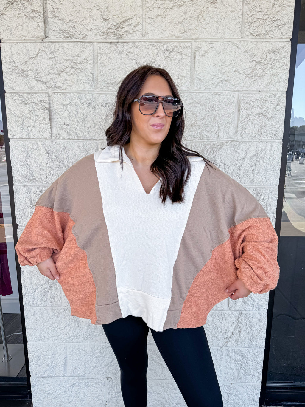 taupe rust color block pullover