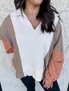 taupe rust color block pullover