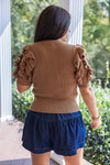 brown ruffle short sleeve sweater