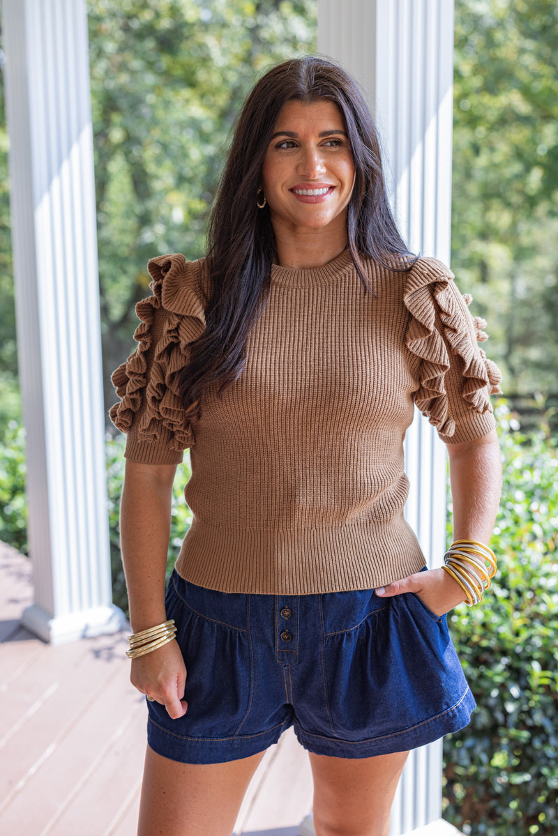 brown ruffle short sleeve sweater