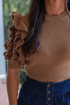 brown ruffle short sleeve sweater