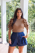 brown ruffle short sleeve sweater