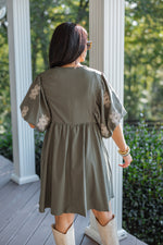 entro olive embroidered fall babydoll dress