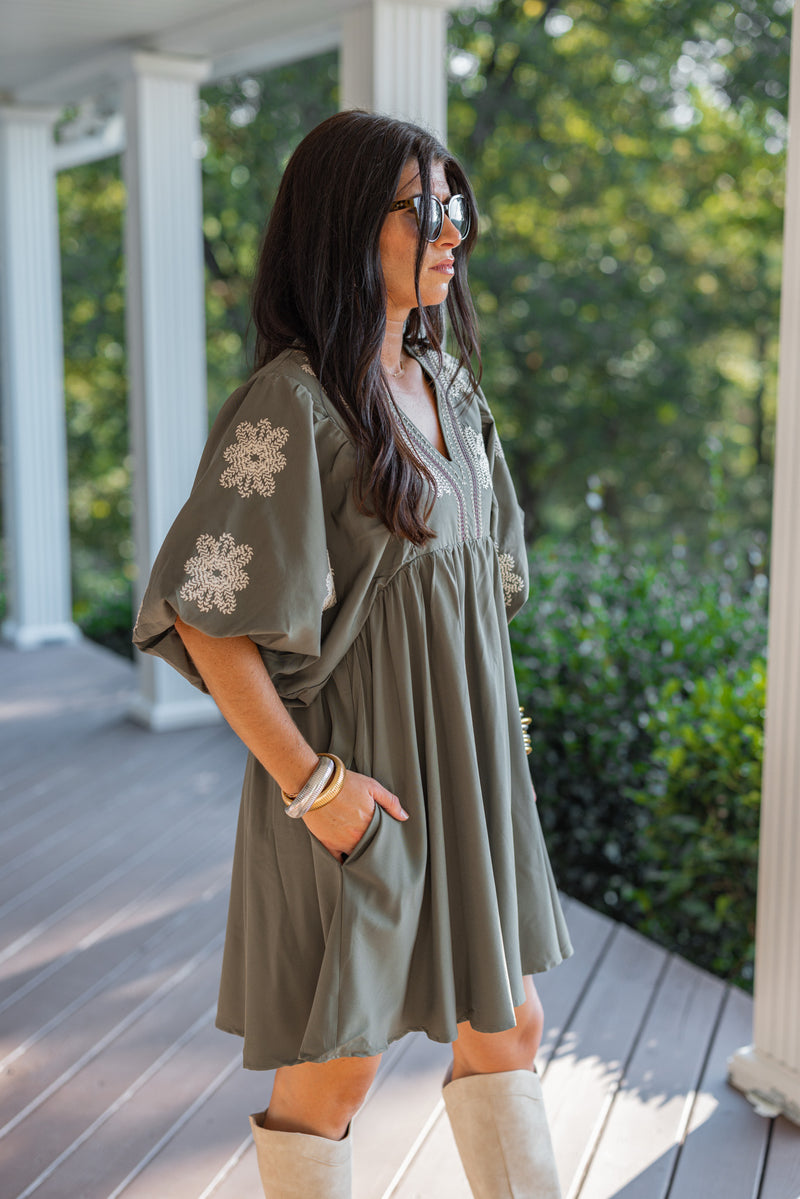 entro olive embroidered fall babydoll dress