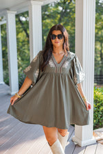 entro olive embroidered fall babydoll dress