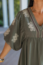 entro olive embroidered fall babydoll dress