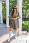 entro olive embroidered fall babydoll dress