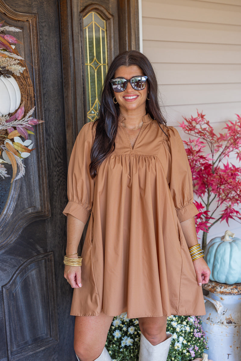 caramel cotton babydoll fall dress