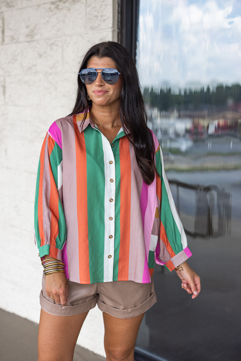 fall stripes long sleeve button down top