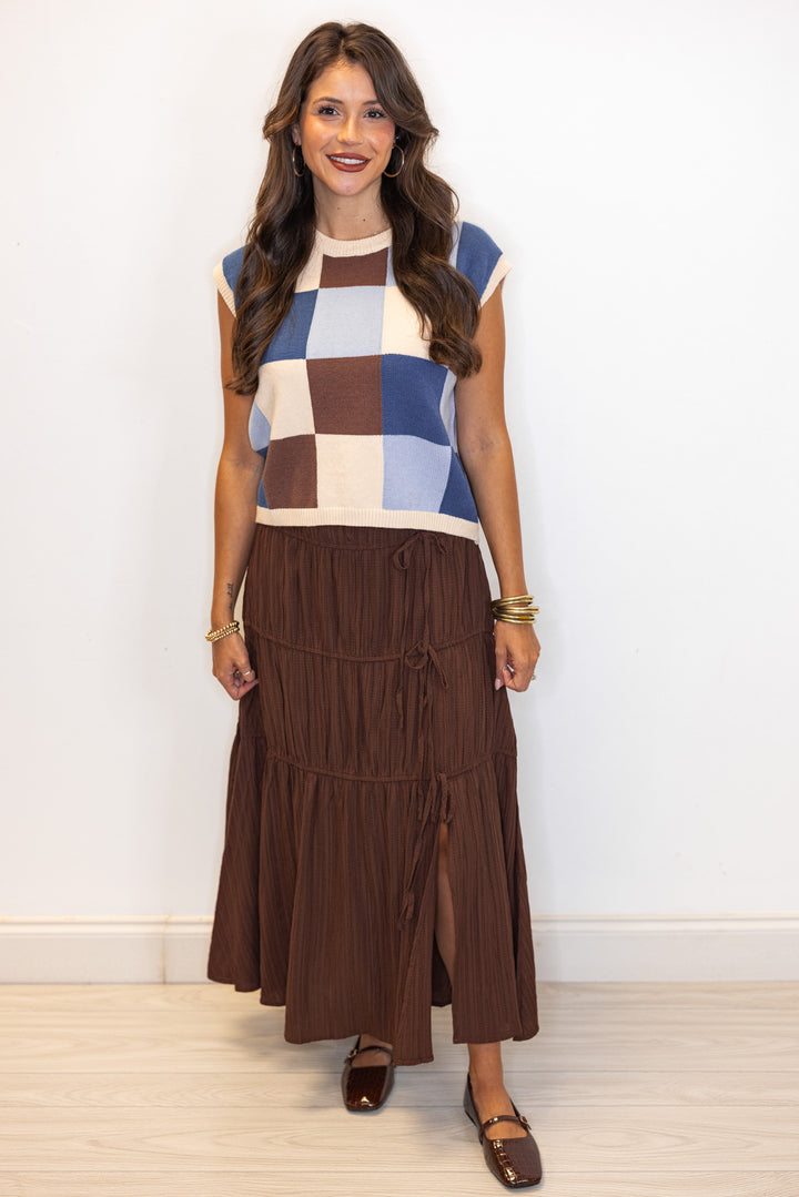 Women's blue, brown and cream checkered knit top with capped sleeves by ee:some showing full front view